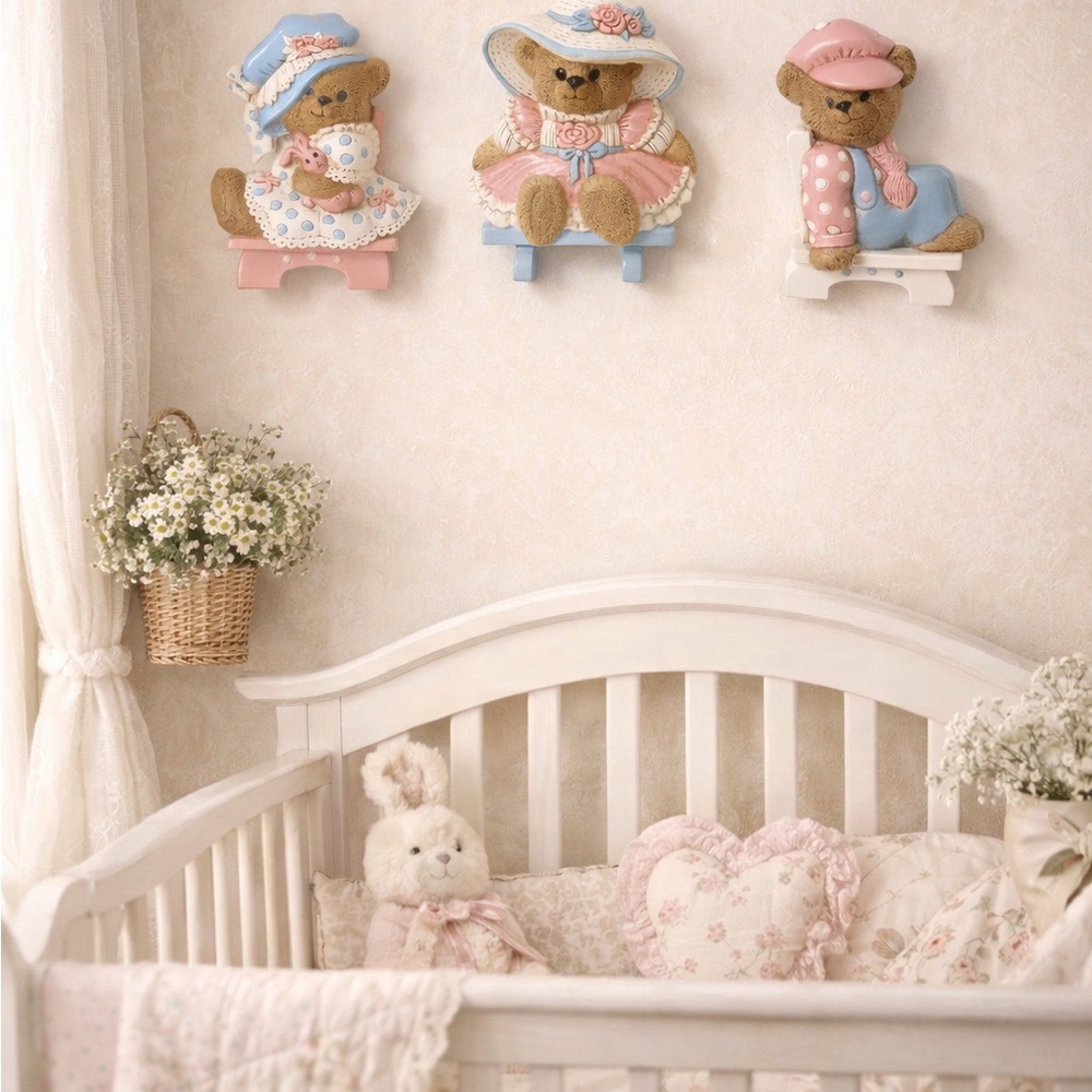 Vintage Teddy Bear Wall Plaques by HOMCO for Nursery or Playroom